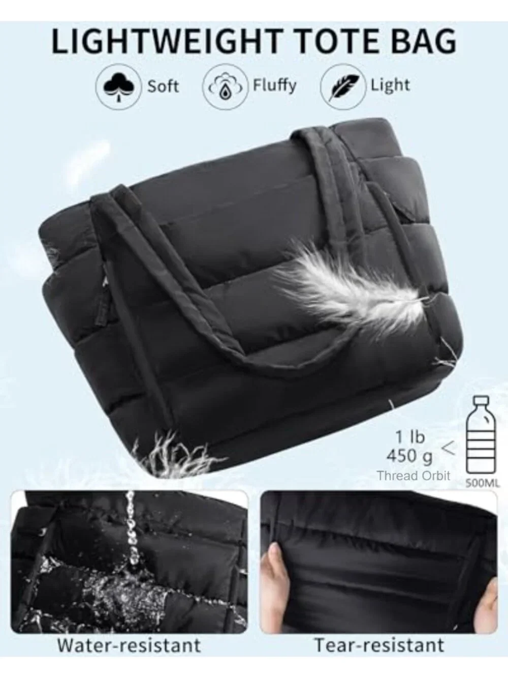 Lightweight Puffy Quilted Tote Bag with 15.6